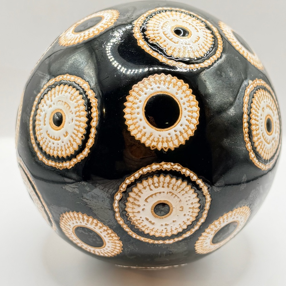 Vintage Ceramic Tribal Decor Sphere – Black Gold White – 4”